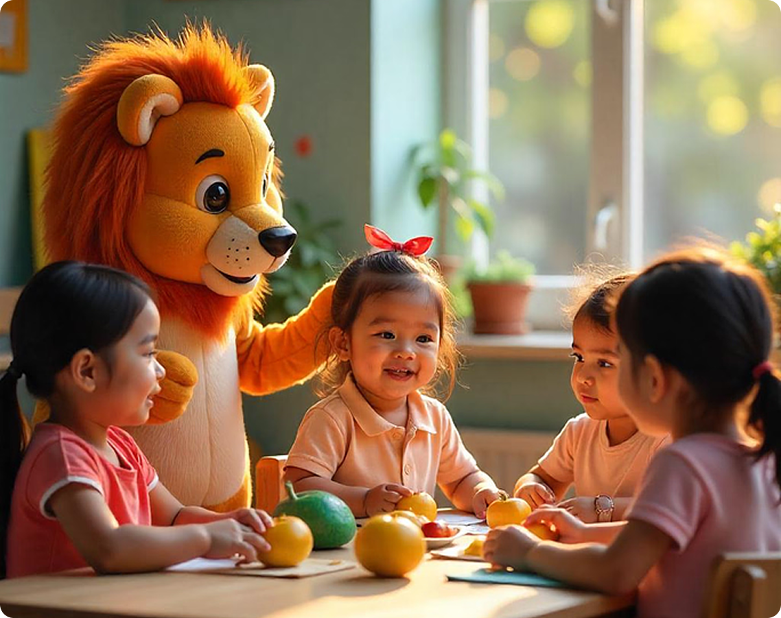 Children building confidence communication and leadership skills through language learning activities with mascot guidance