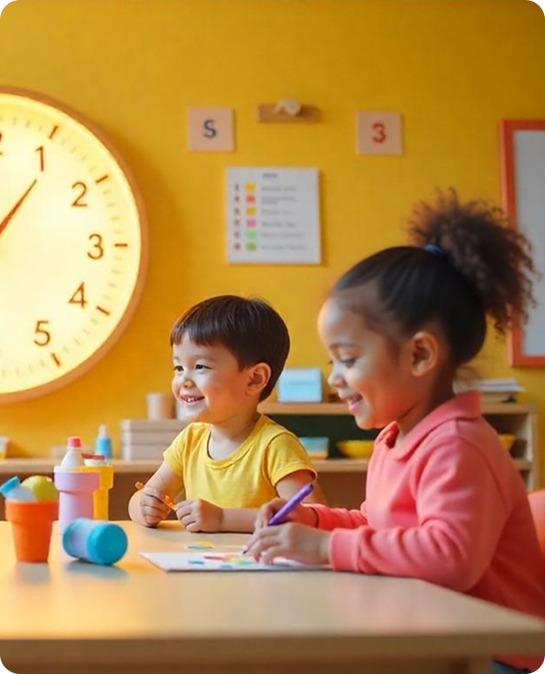Two children sitting at a table drawing and smiling in a classroom with a large wall clock.