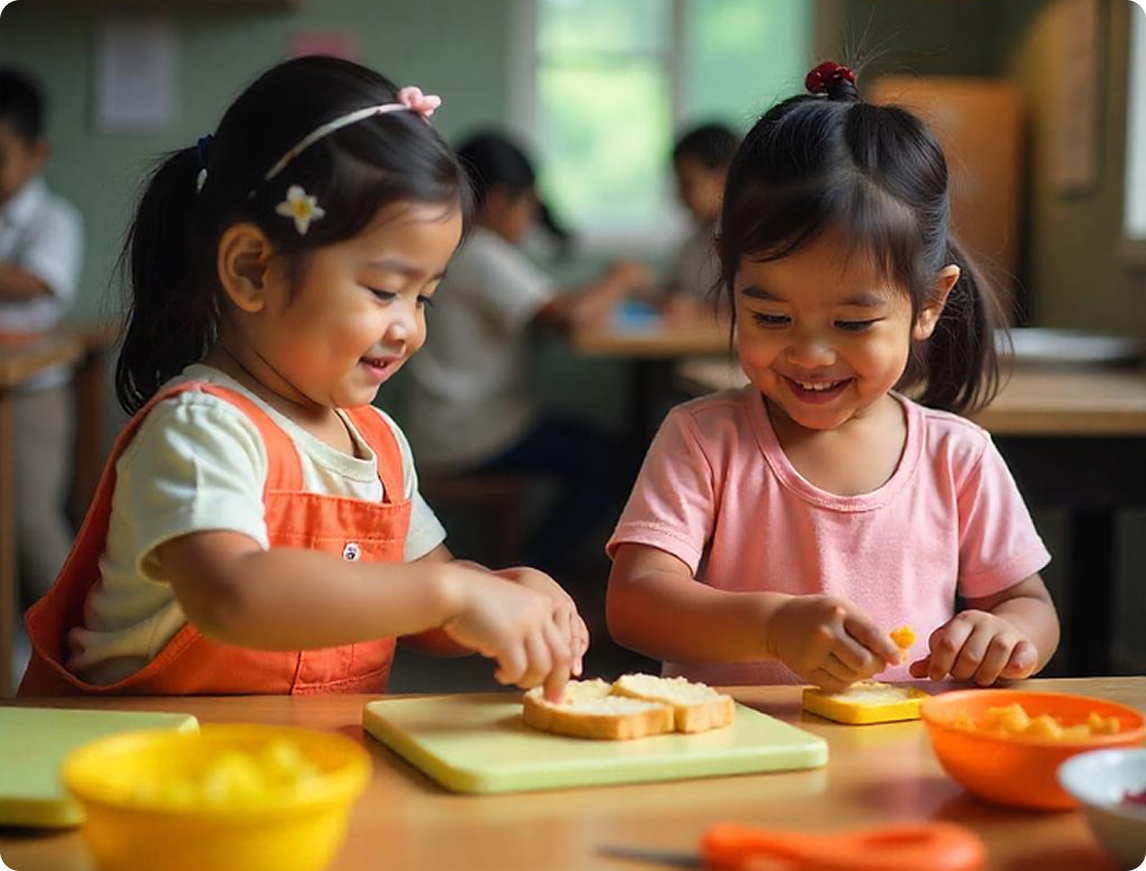 Two young girls joyfully preparing snacks with bread and cheese at a classroom table.