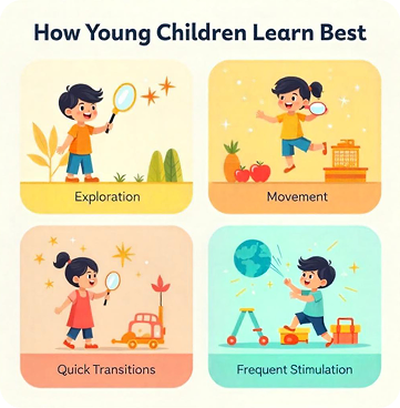 Four illustrated kids showing how young children learn: exploration, movement, quick transitions, frequent stimulation.