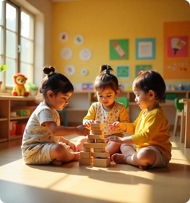 Kids building innovative projects with blocks and craft materials