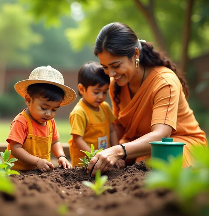 Woman and two young children planting seedlings in soil outdoors on a sunny day.