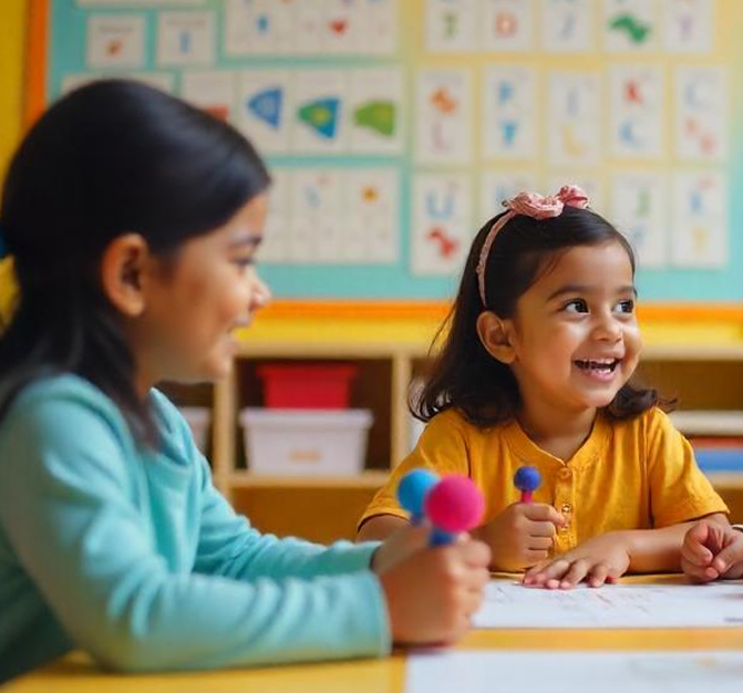 Preschool children learning phonics in a language lab
