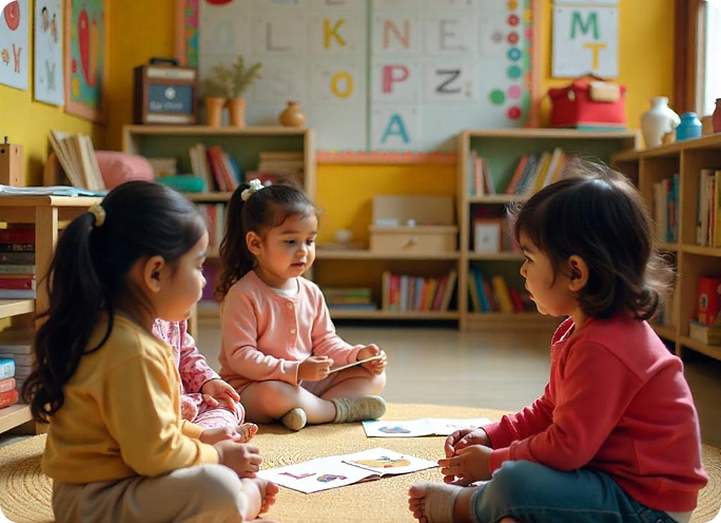 Four young children seated on a rug in a classroom playing with cards with pictures on them.