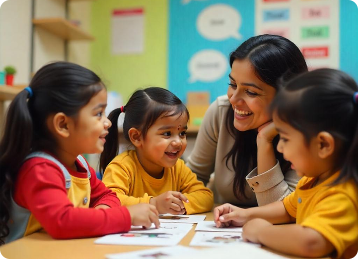 Teacher and three girls smiling and engaging with papers at a classroom table.