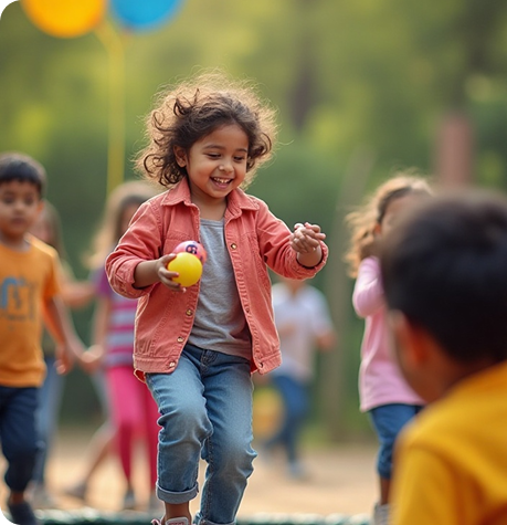 Smiling child holding yellow and pink balls while running outdoors