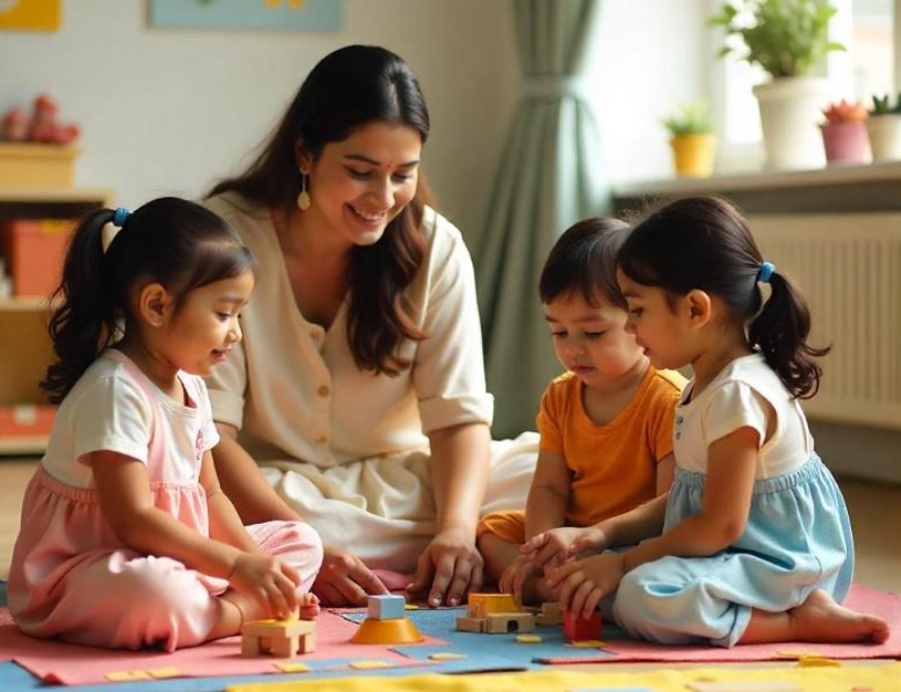 Preschool children navigating a playful logic maze using coding cards and problem-solving skills.