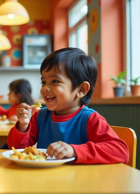 Smiling toddler in red and blue shirt eating food at a table in a colorful room in rocksfordz