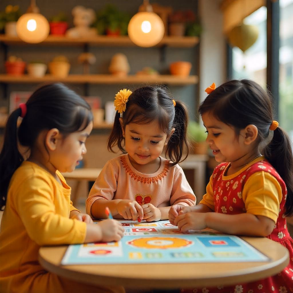 Three young girls sitting at a table engaged in an educational board game inside a warm room.
