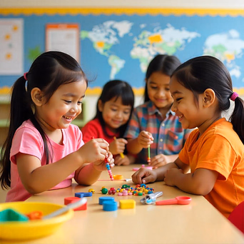 Four young girls smiling and making bead crafts together at a classroom table.
