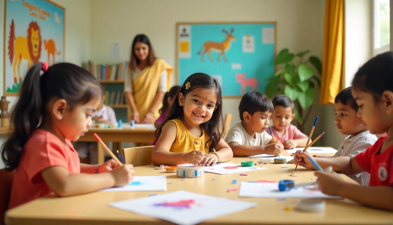 Young children seated at a table drawing with pencils and paint in a bright classroom with a female teacher nearby.