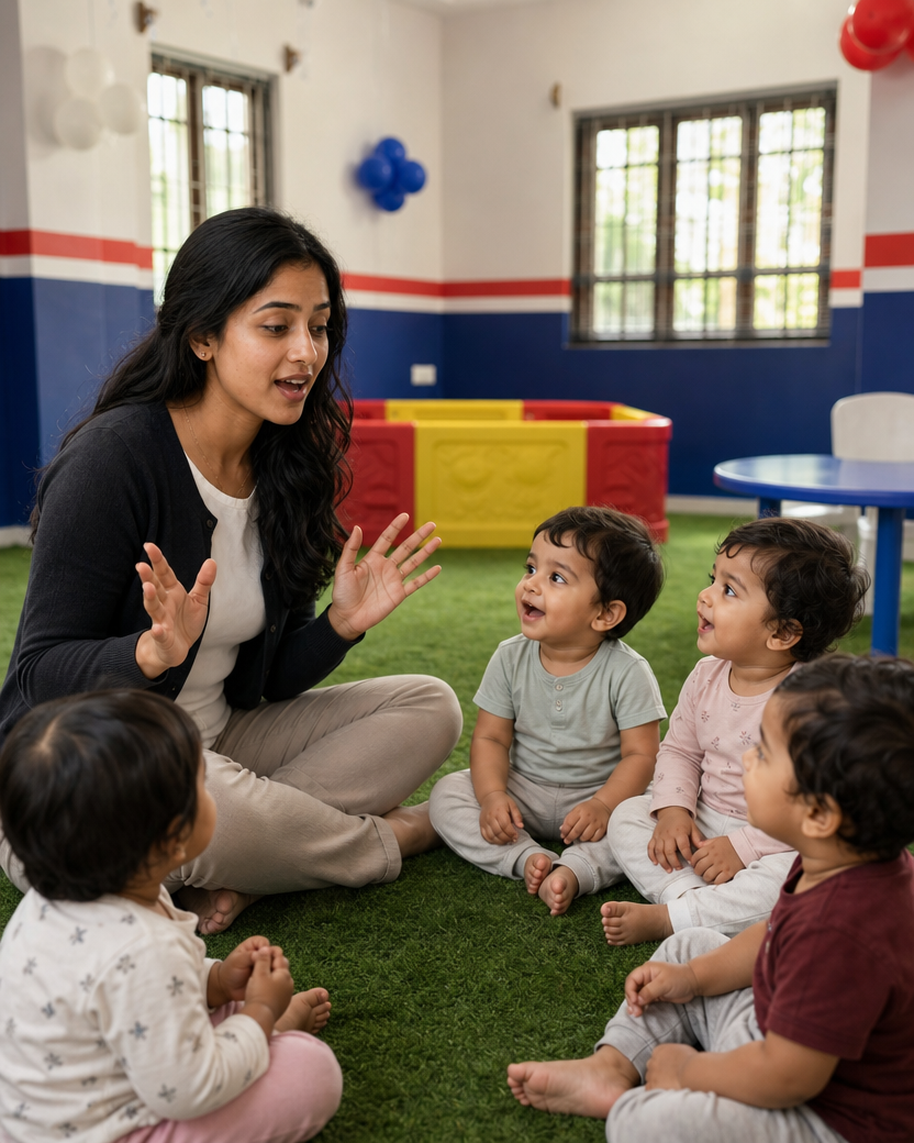english teacher giving langauge exposure to the preschool kids