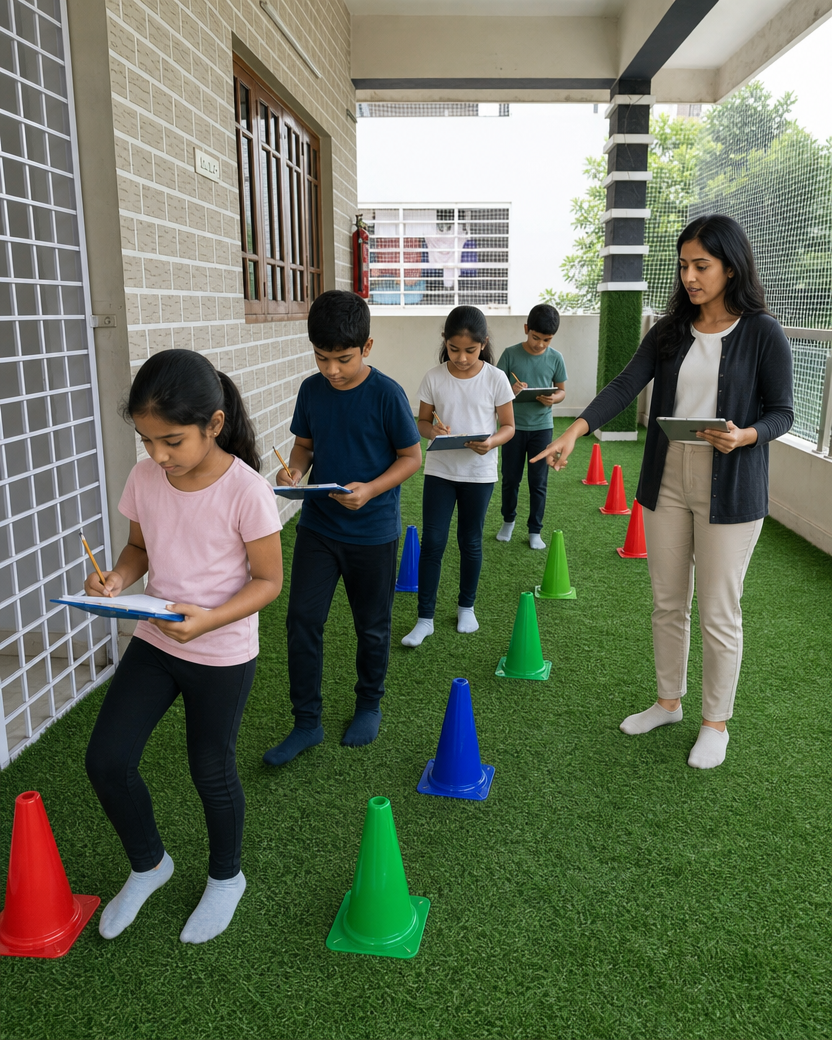 Teacher guides children holding clipboards as they walk on turf with colorful cones for an outdoor activity.