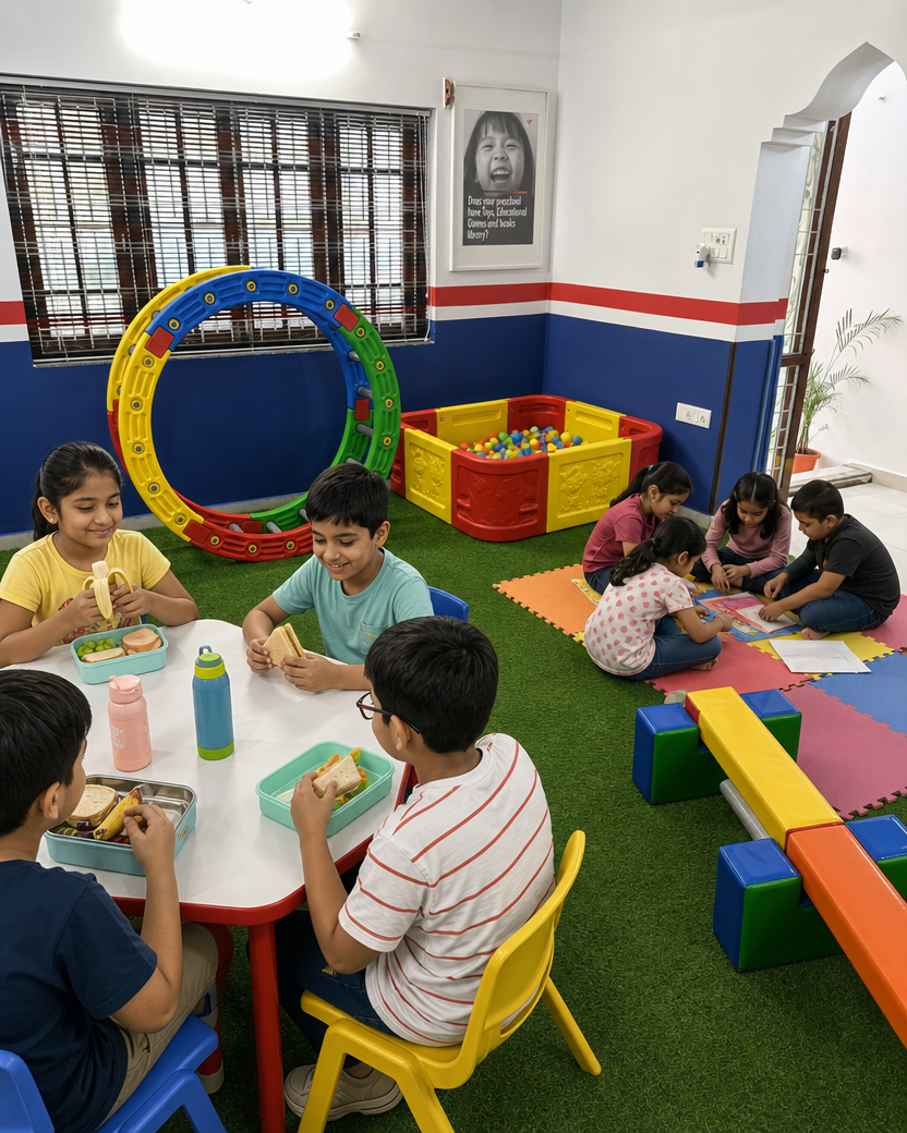 Children eating snacks at a table and others reading books on floor mats in a colorful playroom.