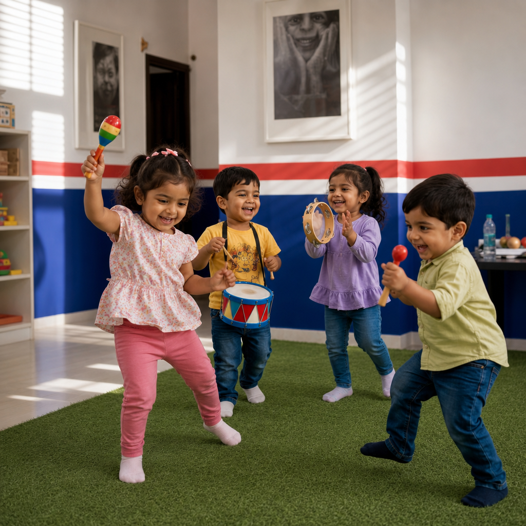 Kids playing musical instruments and enjoying rhythm-based learning activities