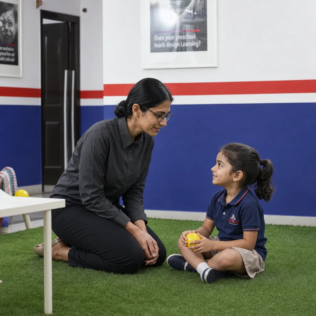 Teacher encouraging child through positive conversation to build confidence and communication skills