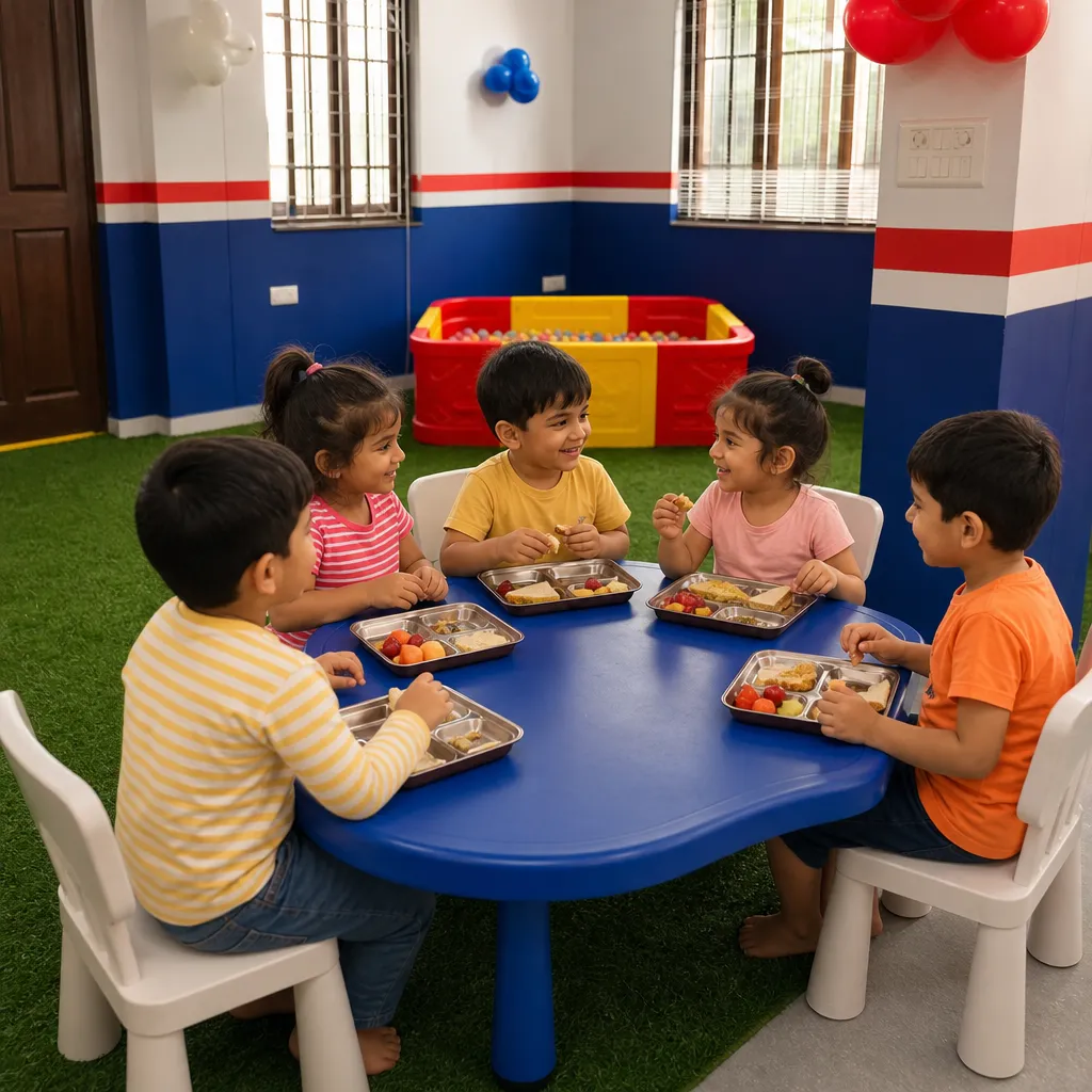 Children sitting together and eating while learning social skills and table manners