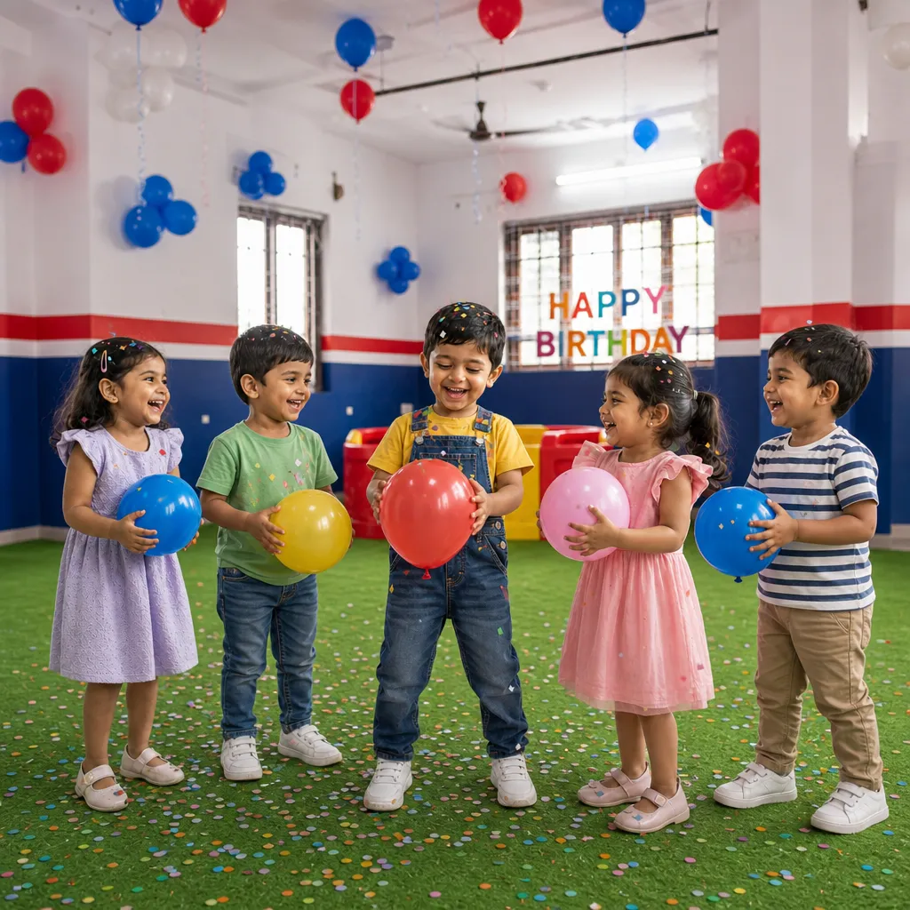 Kids celebrating with decorations and balloons in a joyful social environment