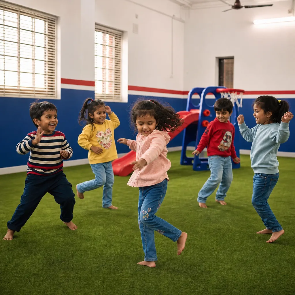Children in happy dancing movement at preschool