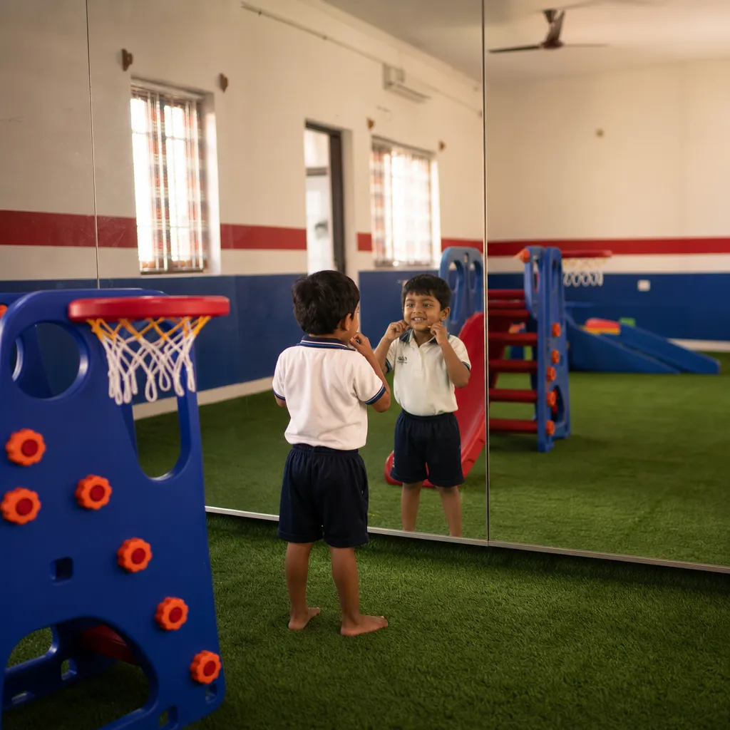 Child practicing expressions in mirror to build confidence and self-awareness