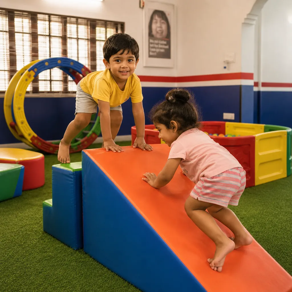 Kids climbing and playing in indoor activity area designed for movement and teamwork