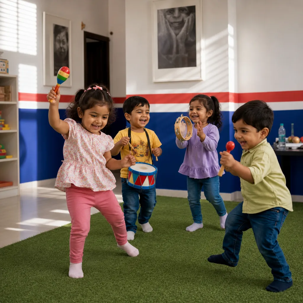 Kids playing musical instruments and enjoying rhythm-based learning activities