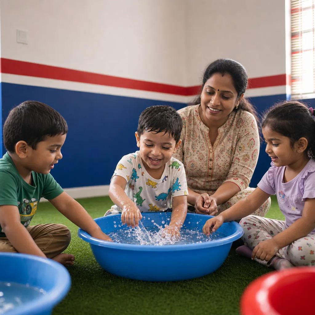 Children enjoying safe water play activities that support sensory development
