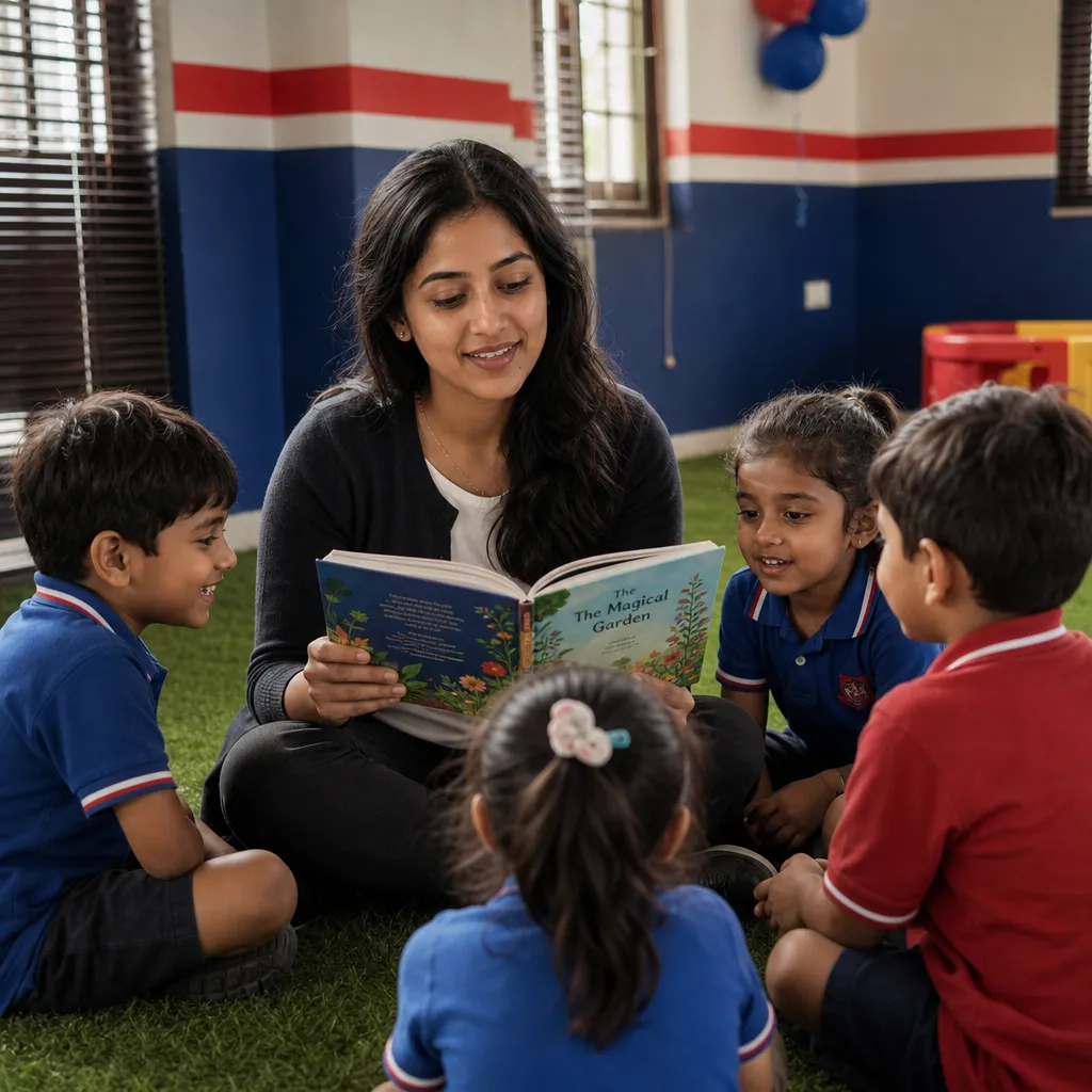 Children listening to story reading session and exploring books in a cozy learning space