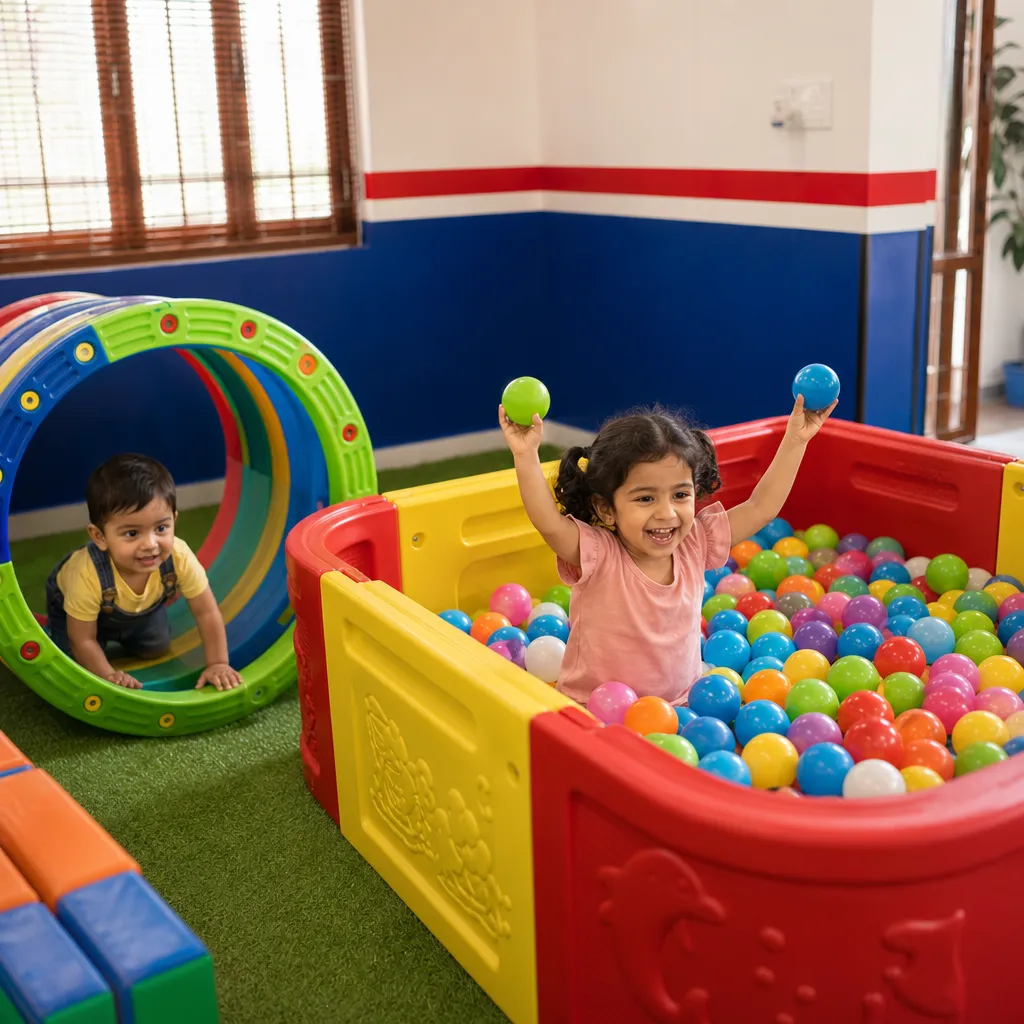 Children playing in indoor gym and ball pool to develop strength and coordination