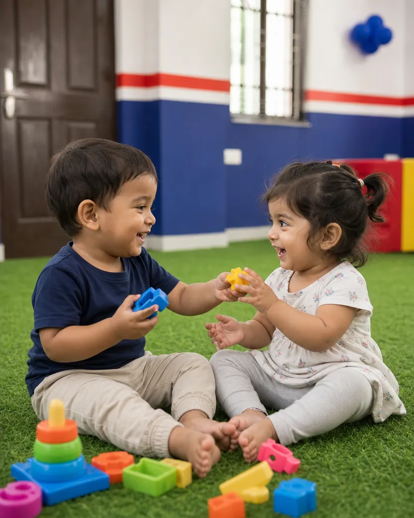 Preschool kids interacting in a playful classroom.