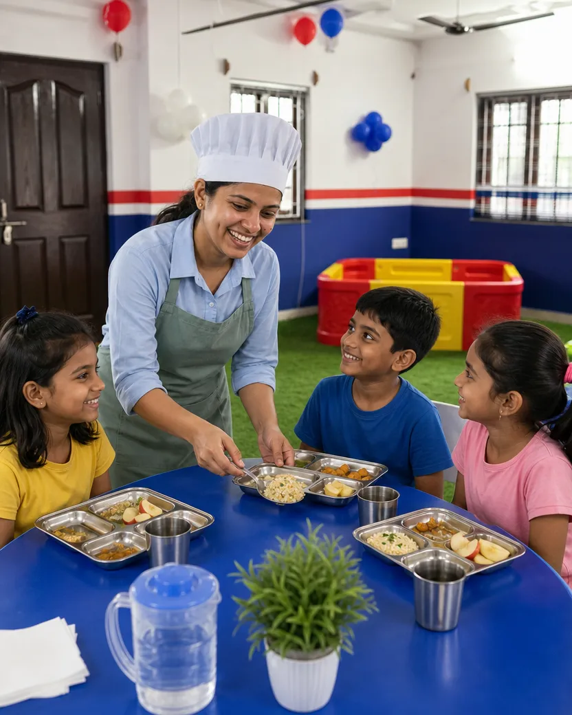 eating nutritious meal with rice, vegetables, and fruit in a colorful classroom.