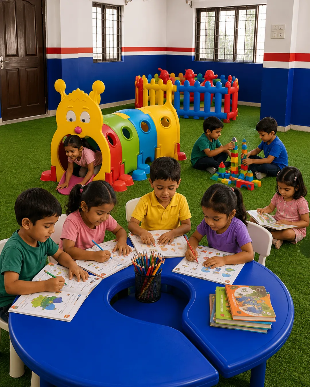 Children engaged in homework, meals, and structured activities in a safe after-school program environment