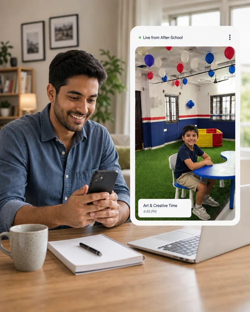 Smiling parent checks child activity updates on phone with photos of kids' play and art activities.