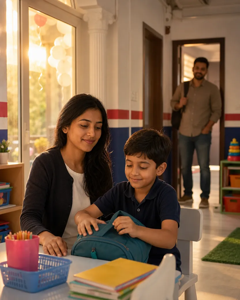 Smiling parent checks child activity updates on phone with photos of kids' play and art activities.