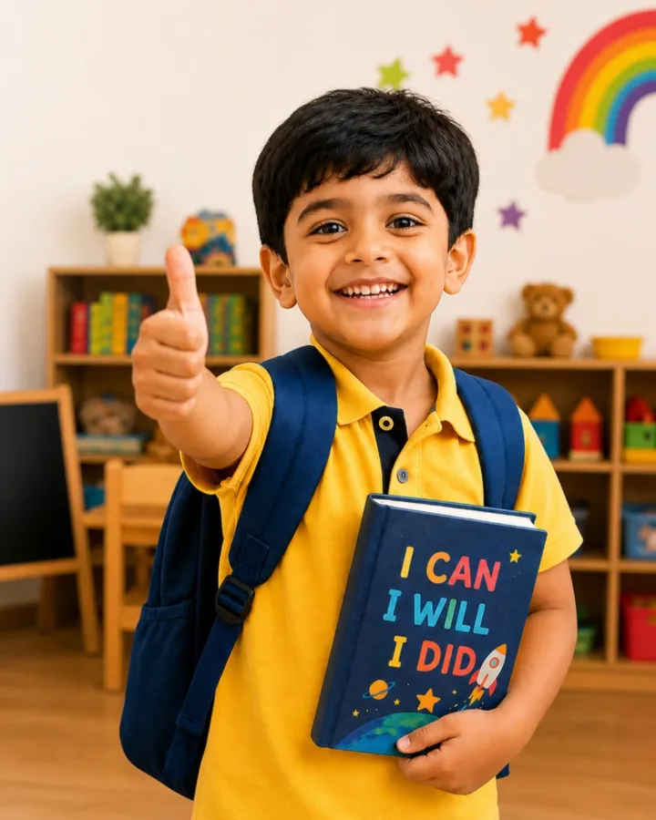 Smiling boy in yellow shirt with backpack holds book saying I CAN I WILL I DID, showing thumbs up.