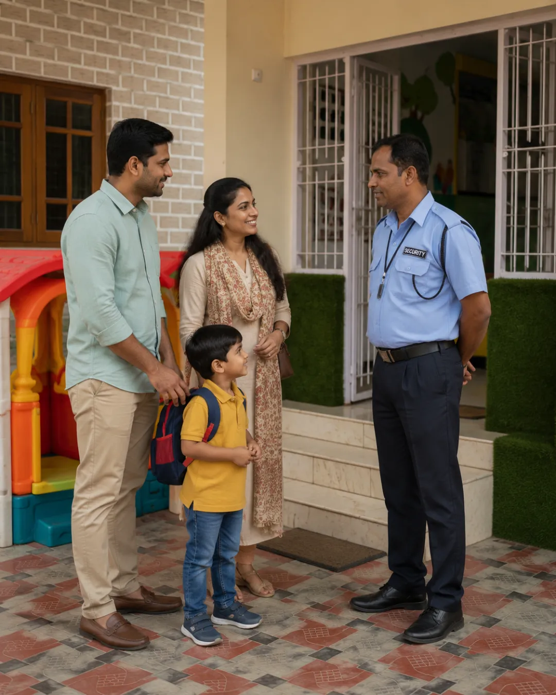 Security guard checking ID card of young schoolgirl with her mother at a entrance.