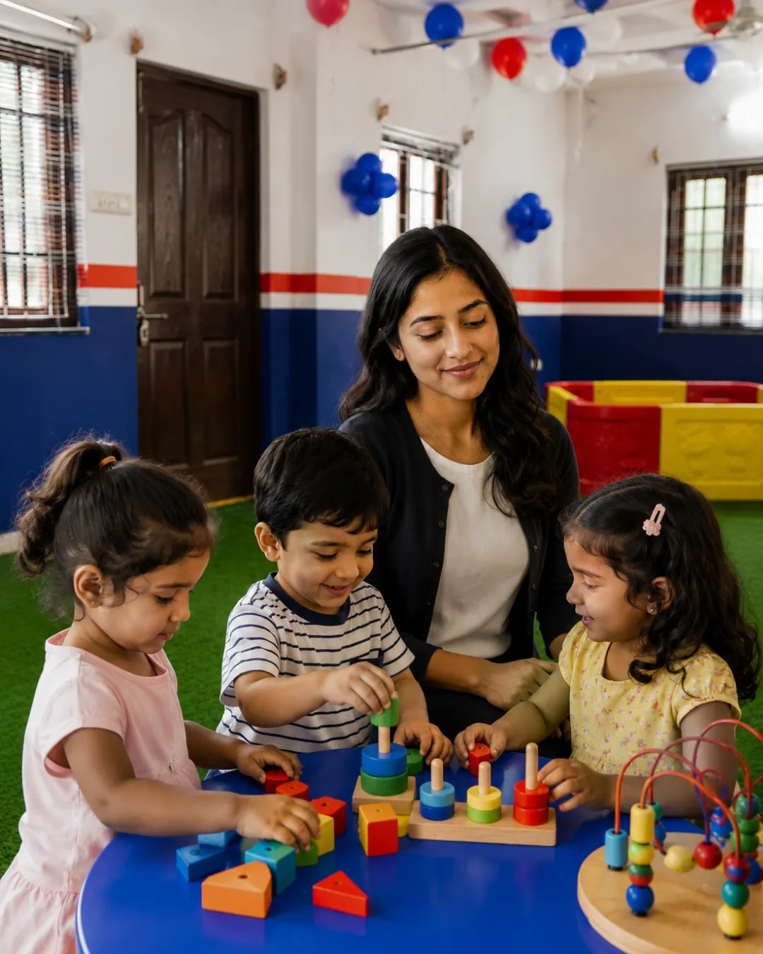 playing with colorful educational toys in a bright, decorated playroom.