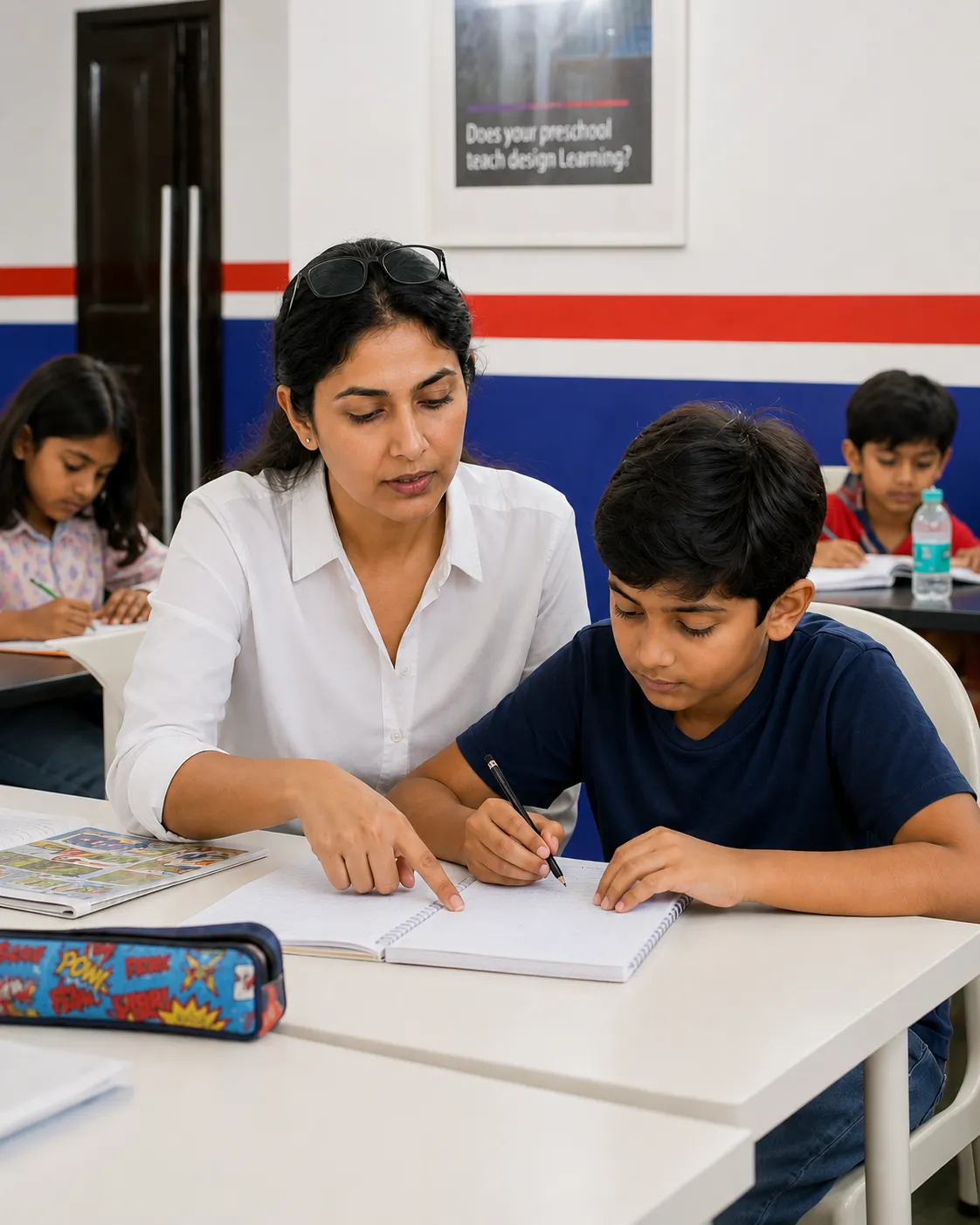 Smiling young girl holding letter flashcards with vowels and consonants in a bright learning space.