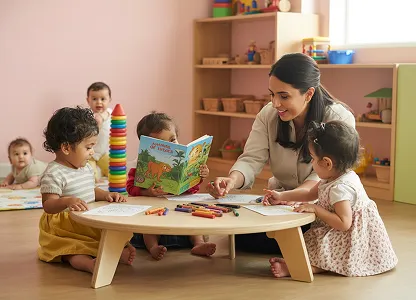 Teacher reading to toddlers seated around a low table with crayons and paper in a classroom.