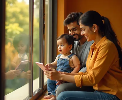 Smiling parents sitting by a window with their baby 
