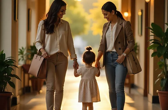 child returning back home with his mom and aunty after daycare