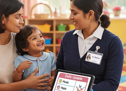 mom holding a smiling toddler talks with a caregiver showing a daily update on a tablet.