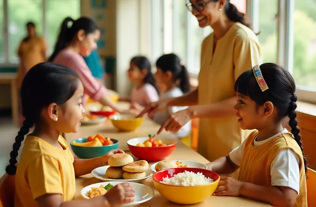 young girls smile at each other across a meal desk