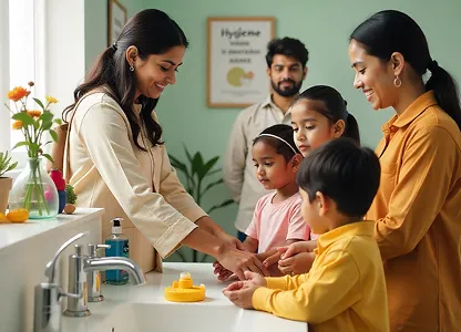 Two teacher teaching three children how to wash hands at a sink with soap and flowers nearby.