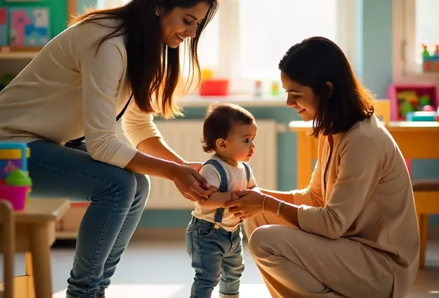 caregiver helping a toddler stand and walk towards her mom 