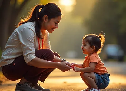 Teacher smiling while holding hands with a toddler squatting on a sunlit path outdoors.