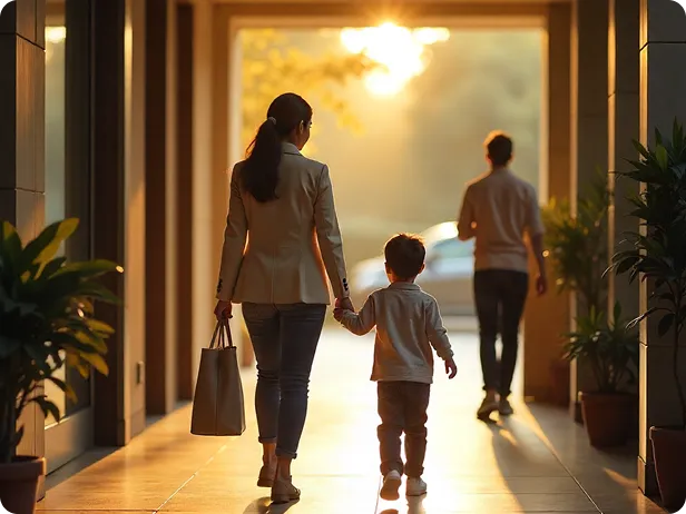 mom holding a child's hand walking back home after late pickup from daycare