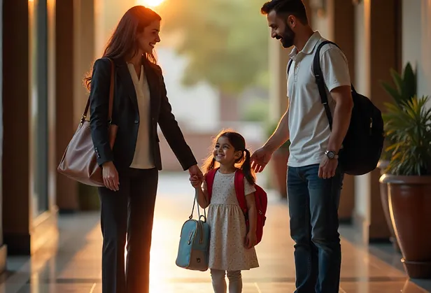 Smiling parents holding hands with their young daughter carrying backpacks after daycare.