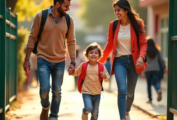 Smiling parents walk holding hands with their joyful child after daycare