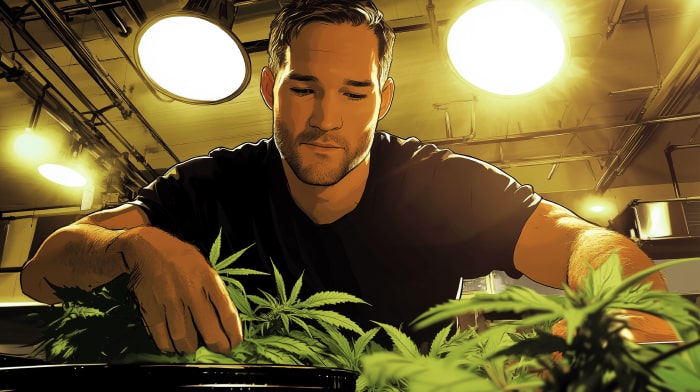 A man sitting at a table with a potted plant